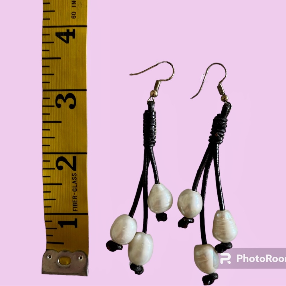 BOUTIQUE ITEM- HOOK DROP EARRINGS WITH BLACK LEATHER AND PEARLESCENT BEADS